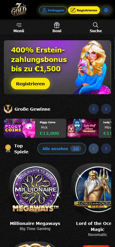 7gold Casino mobile Ansicht mit Willkommensbonus und Top-Spielen im Browser